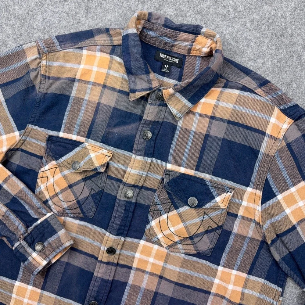True Religion Shirt Mens Large Blue Tan Plaid Flannel Shacket Logo‎ Flap Pockets
